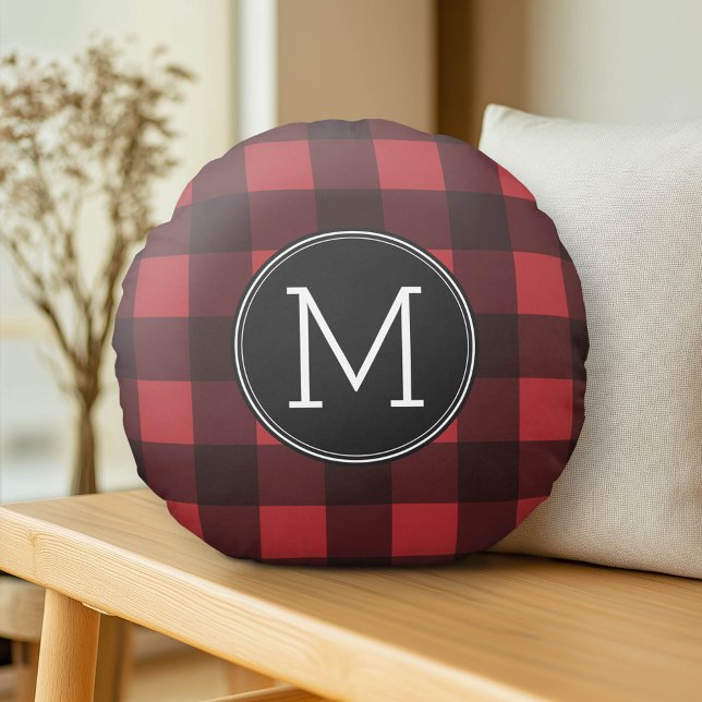 Rustic Red & Black Buffalo Plaid Pattern Monogram Round Cushion (Custom Pillow)