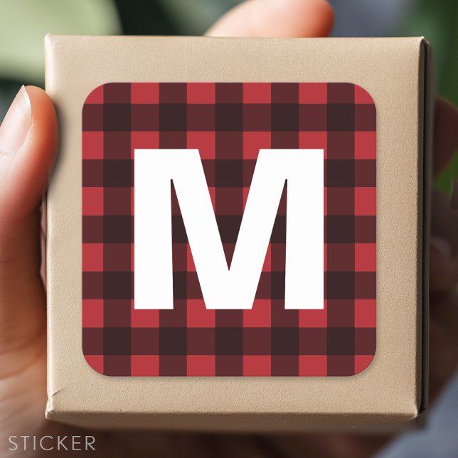 Rustic Red & Black Buffalo Plaid Pattern Monogram Square Sticker (Custom Sticker)