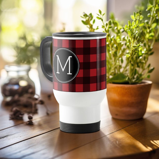Rustic Red & Black Buffalo Plaid Pattern Monogram Travel Mug (Personalized travel mug - add photos and text or customize completely)