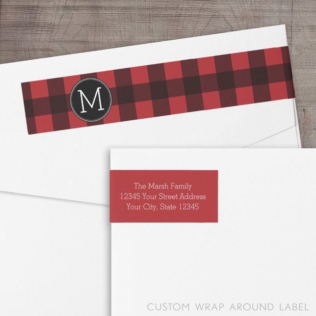 Rustic Red & Black Buffalo Plaid Pattern Monogram Wrap Around Label (Custom Return Address Label with a Wrap Around Feature)