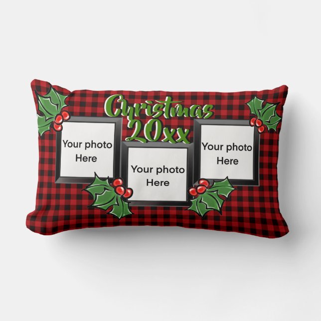 Rustic red black buffalo plaid personalise photo  lumbar cushion (Front)