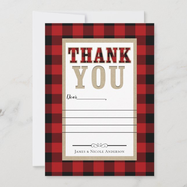 Rustic Red Black Buffalo Plaid Photo Thank You (Front)