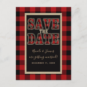 Rustic Red Black Buffalo Plaid Save the Date Announcement Postcard
