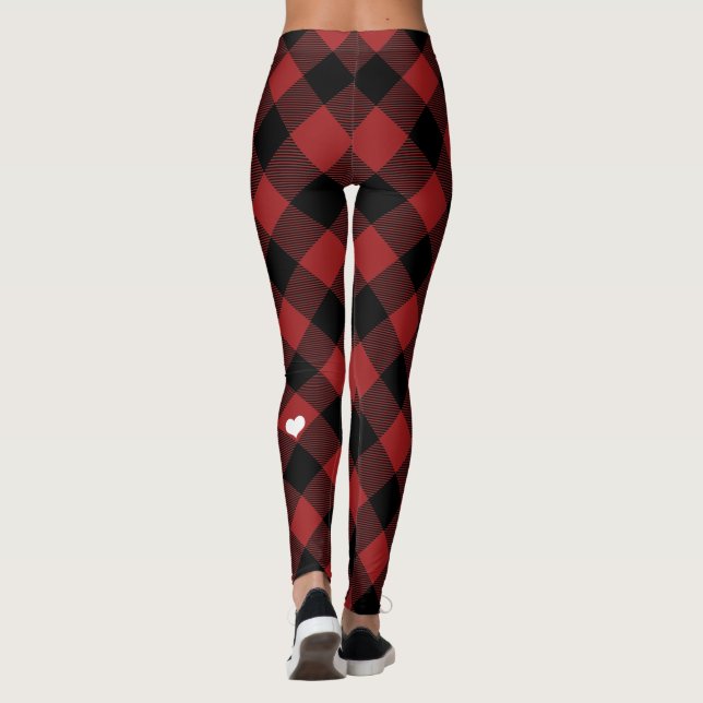 Rustic Red Black Buffalo Plaid White Heart Leggings (Back)