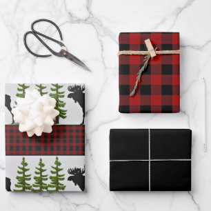 Rustic Red Black Buffalo Plaid with Moose Wrapping Paper Sheet