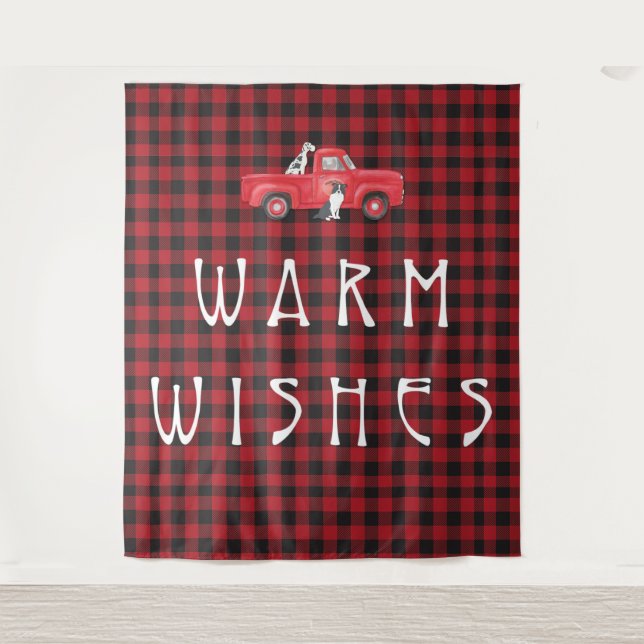 Rustic Red Black Check Plaid Truck Dog Holiday Tapestry (Front)
