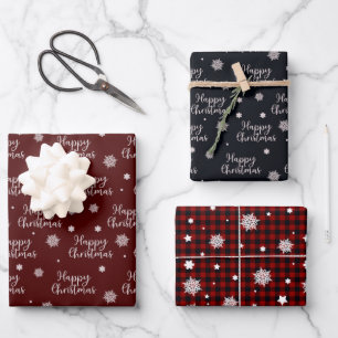Rustic Red Black Happy Christmas Snowflakes Plaid Wrapping Paper Sheet