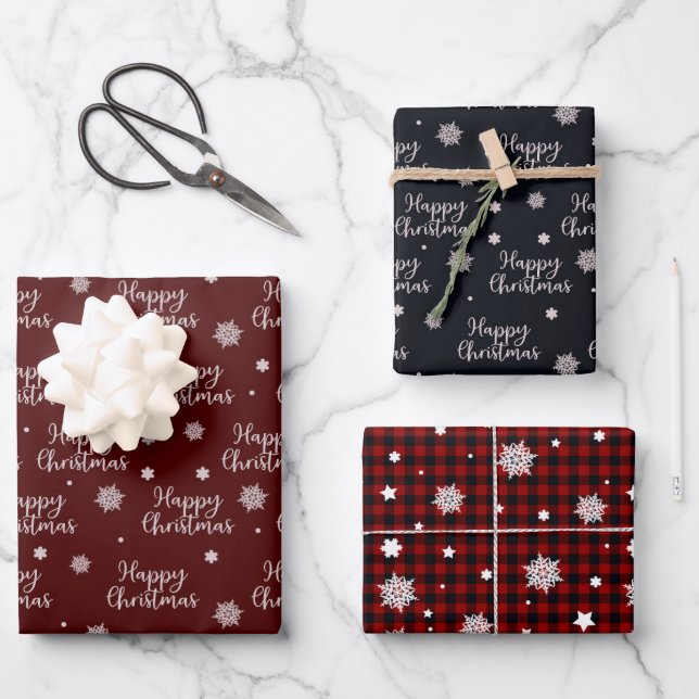 Rustic Red Black Happy Christmas Snowflakes Plaid Wrapping Paper Sheet (Front)