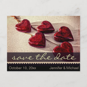 Rustic Red & Black Heart Vintage Save the Date Announcement Postcard