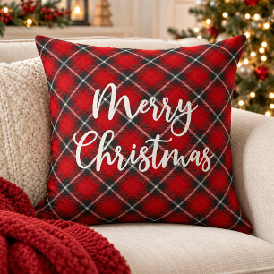 Rustic Red Black Merry Christmas Plaid Cushion