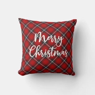 Rustic Red Black Merry Christmas Plaid Cushion