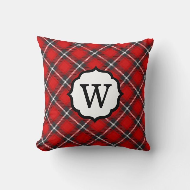 Rustic Red Black Modern Monogram Plaid Cushion (Front)