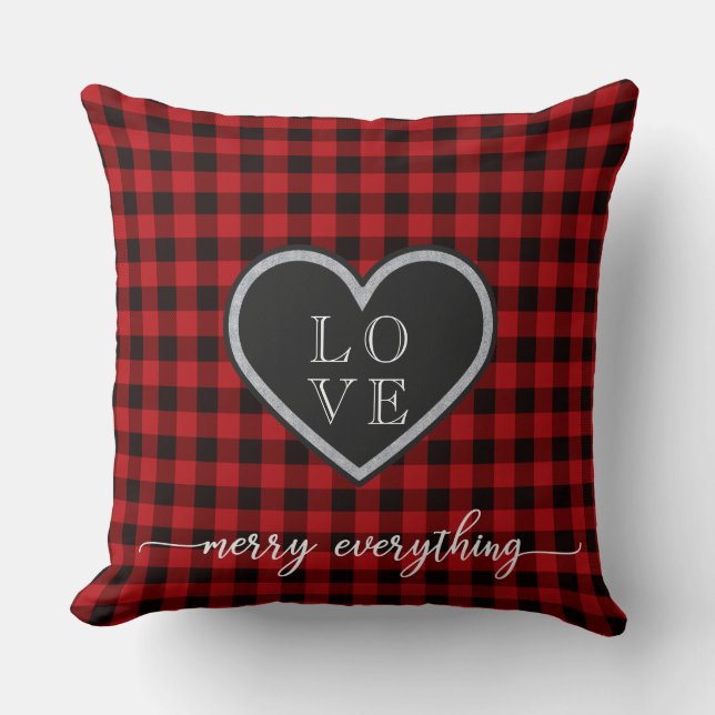 Rustic Red Black Plaid Christmas Heart Monogram Cushion (Front)