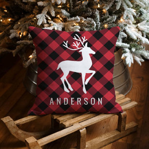 Rustic Red Black Plaid Deer Christmas Monogram Cushion