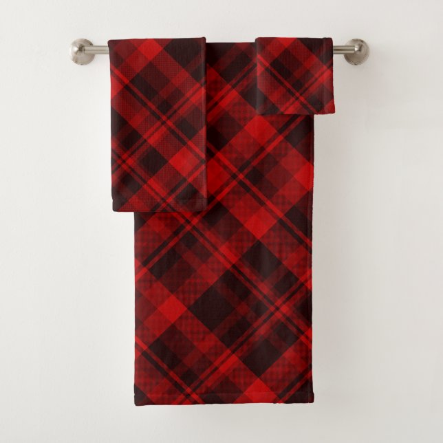 Rustic Red Black Plaid Farmhouse Tartan Christmas Bath Towel Set (Insitu)