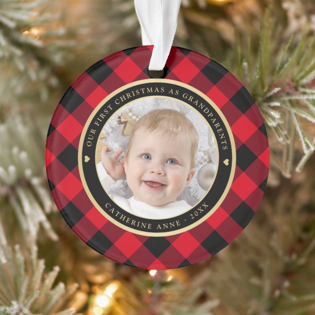 Rustic Red Black Plaid First Grandparents Photo Ornament (Tree)
