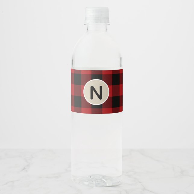 Rustic Red Black Plaid Kraft Monogram Party Water Bottle Label (Front)