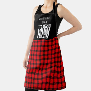 Rustic red black plaid monogram name kitchen apron