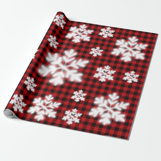 Rustic red black plaid pattern  frosty snow flake  wrapping paper (Unrolled)