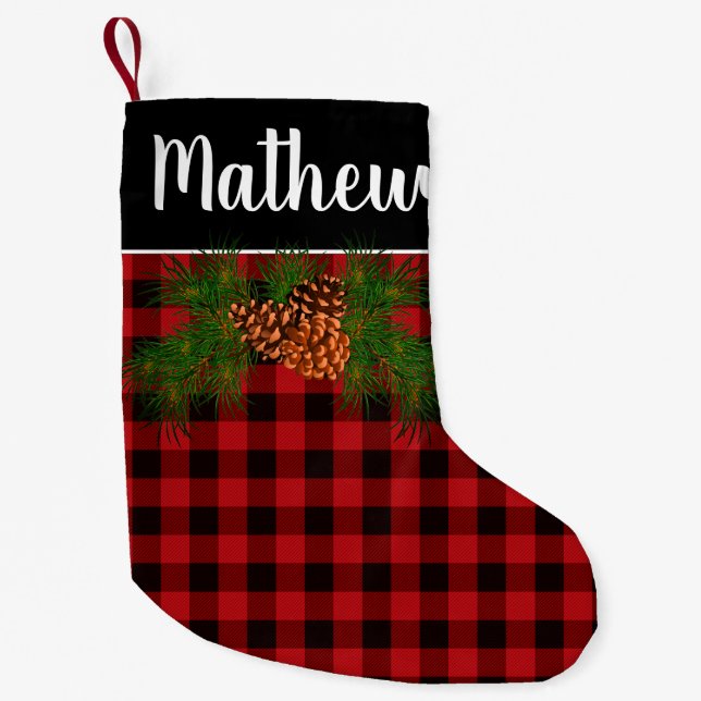 Rustic red black plaid pine cone customisable small christmas stocking (Front)