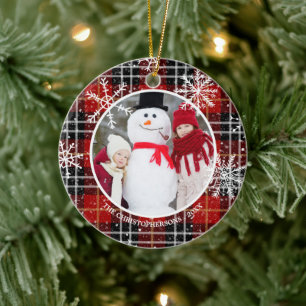 Rustic Red Black Plaid Snowflake Monogram Photo Ceramic Tree Decoration