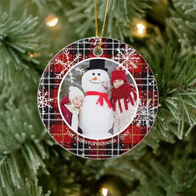 Rustic Red Black Plaid Snowflake Monogram Photo Ceramic Tree Decoration (Tree)
