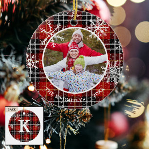 Rustic Red Black Plaid Snowflake Monogram Photo Ceramic Tree Decoration