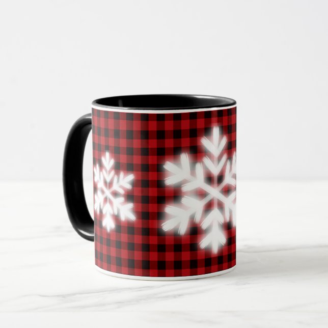 Rustic red black rustic plaid frosty snow flakes mug (Front Left)