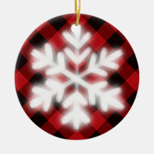 Rustic red black Tartan plaid snow flake detail Ceramic Tree Decoration