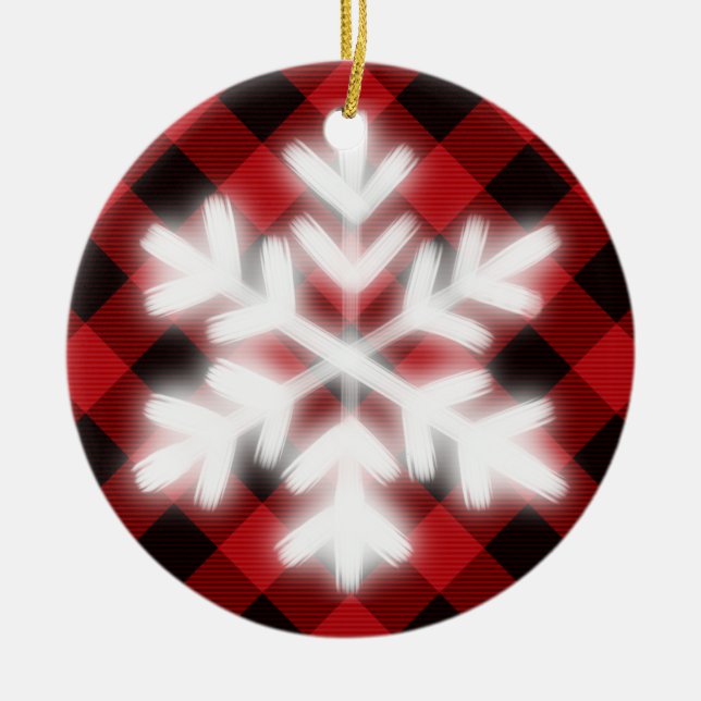 Rustic red black Tartan plaid  snow flake detail Ceramic Tree Decoration (Front)