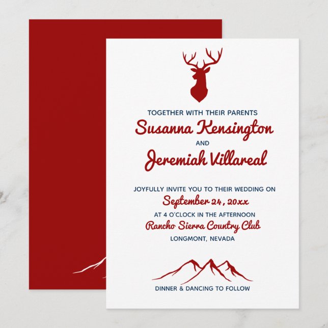 Rustic Red Blue Buck Deer Country Mountain Wedding Invitation (Front/Back)