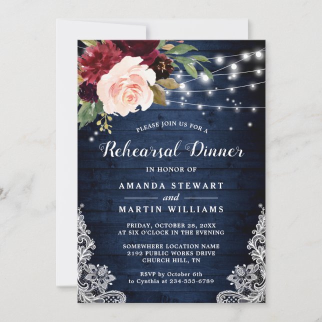 Rustic Red Blue Floral Lights Rehearsal Dinner Invitation (Front)