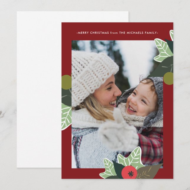 Rustic Red Botanical Frame Photo Christmas Holiday Card (Front/Back)