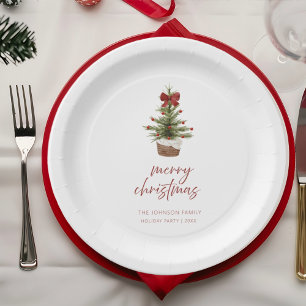 Rustic Red Bow Christmas Tree Holiday Paper Plate