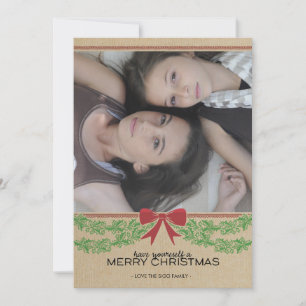 Rustic Red Bow & Garland Holiday Photo Card