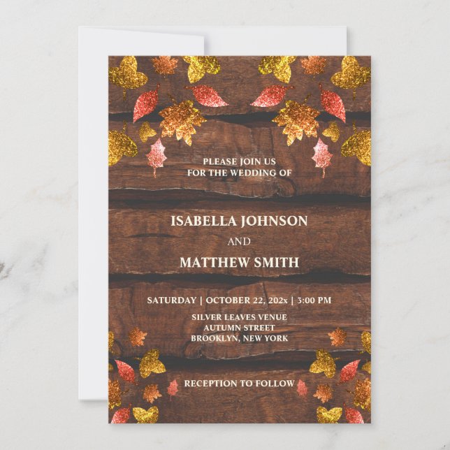 Rustic red brown gold leaves fall autumn Wedding  Invitation (Front)