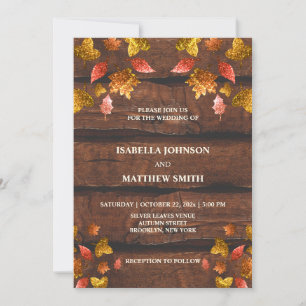 Rustic red brown gold leaves fall autumn Wedding Invitation