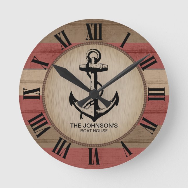 Rustic Red & Brown Nautical Stripes & Anchor  Roun Round Clock (Front)