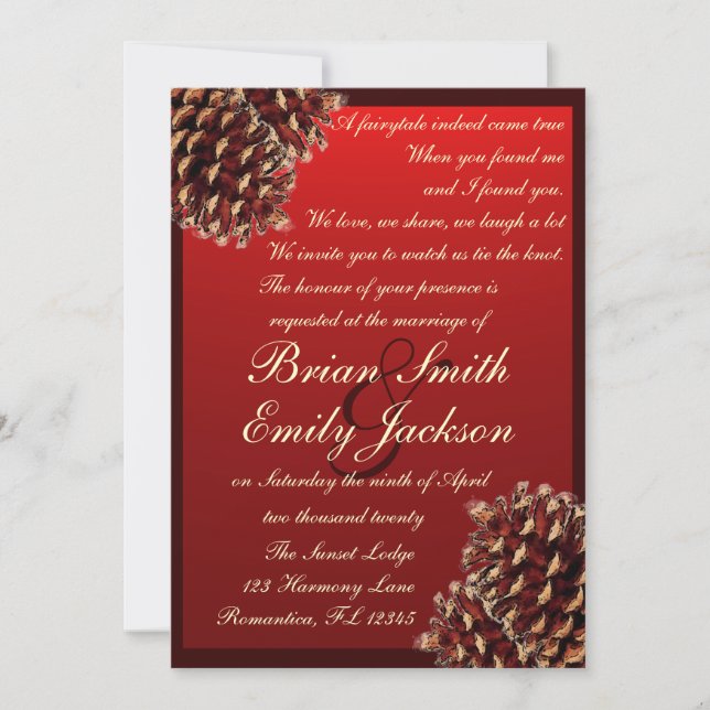 Rustic red brown pine cone wedding invitations (Front)
