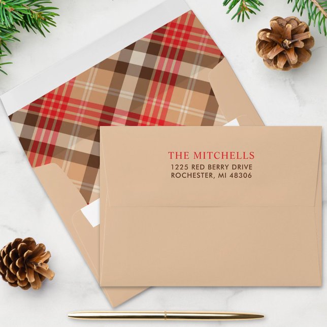 Rustic Red Brown Plaid Tan Christmas Address Envelope (Creator Uploaded)