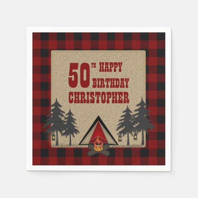 Rustic Red Buffalo Check Campfire Camping Birthday Napkin (Front)