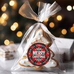 Rustic Red Buffalo Check Christmas Gift Tags<br><div class="desc">Affordable custom printed round sticker Christmas gift tags personalised with your family name or other text. This rustic modern holiday design features distressed MERRY CHRISTMAS lettering on a red and black buffalo check plaid background. Use the design tools to choose any background colour and edit text fonts and colours to...</div>
