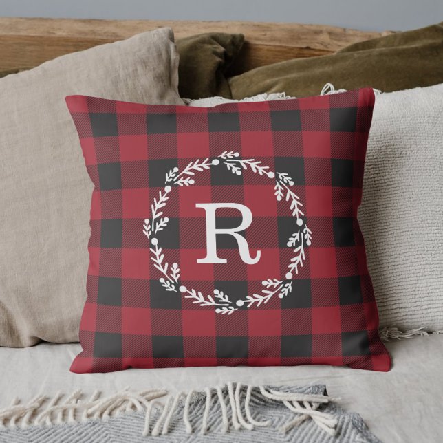 Rustic Red Buffalo Check Christmas Wreath Initial Cushion (Creator Uploaded)