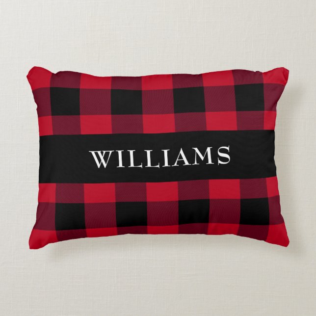 Rustic Red Buffalo Check Family Monogram Decorative Cushion (Front)