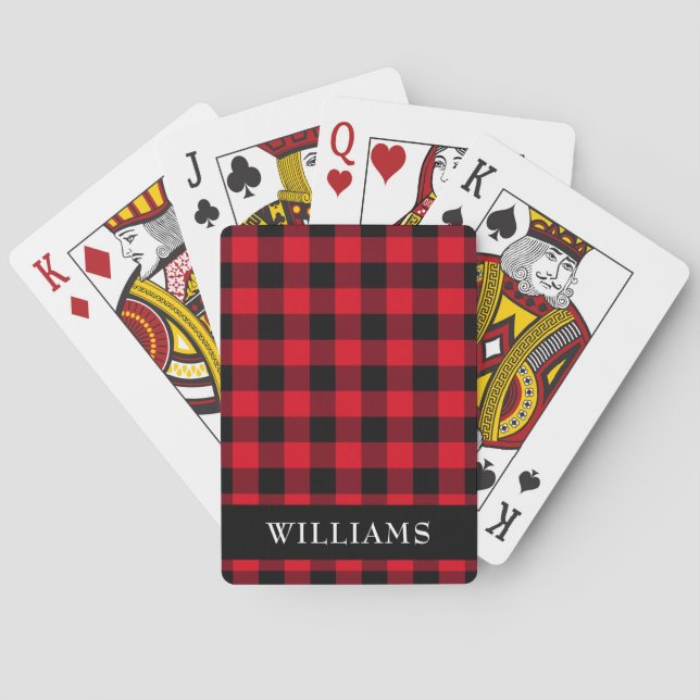 Rustic Red Buffalo Check Family Monogram Playing Cards (Back)