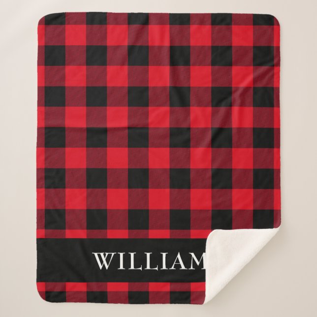 Rustic Red Buffalo Check Family Monogram Sherpa Blanket (Front)