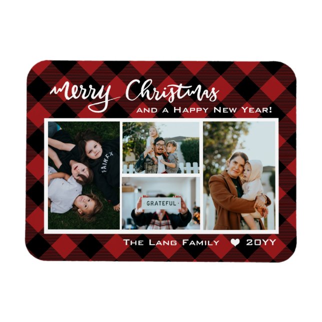 Rustic Red Buffalo Check Merry Christmas Collage Magnet (Horizontal)