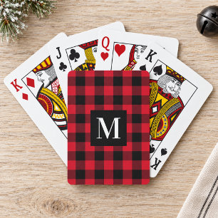 Rustic Red Buffalo Check Monogram Photo Playing Cards