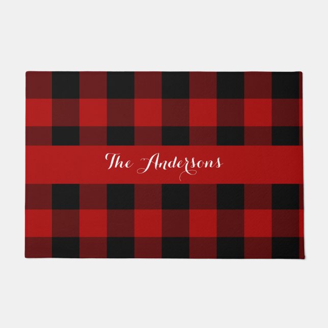 Rustic Red Buffalo Check Personalised  Doormat (Front)