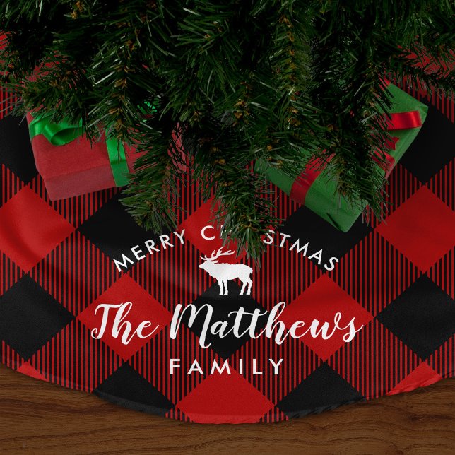 Rustic Red Buffalo Check Reindeer Monogram Brushed Polyester Tree Skirt (Creator Uploaded)